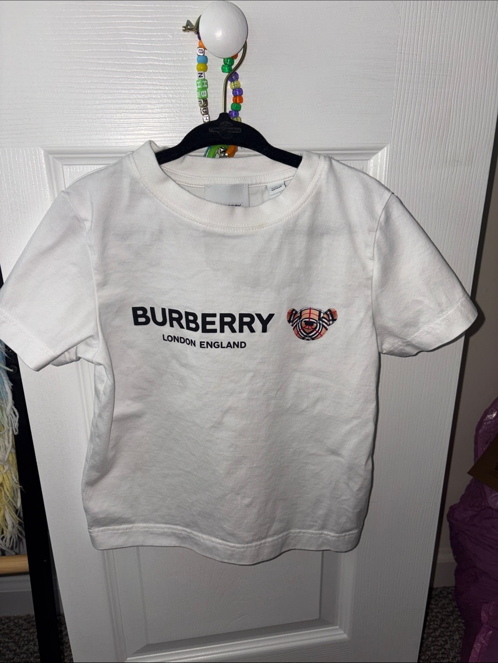 Burberry White Short Sleeve Tee with Logo and Multicolor Bear